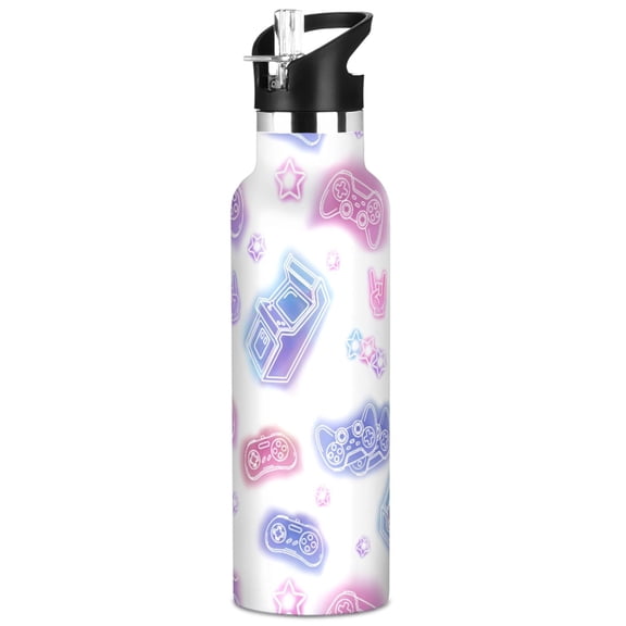 ALAZA Neon Game Controller Pattern Stainless Steel Water Bottle Vacuum Insulated Leak-Proof Tumbler with Straw Handle 20oz