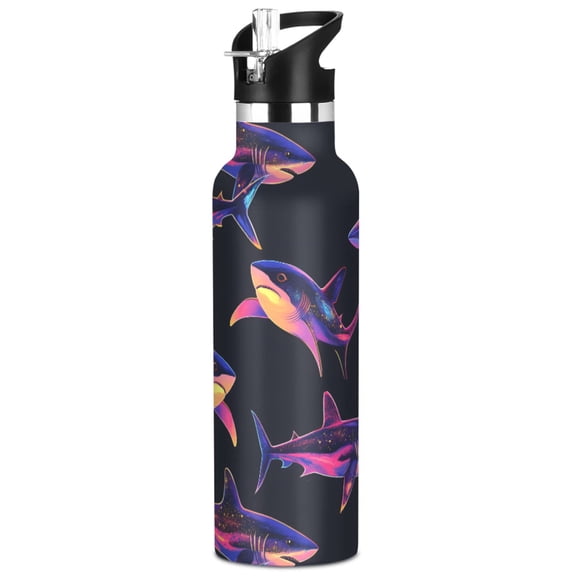 ALAZA Neon Sharks Swim Pattern Stainless Steel Water Bottle Vacuum Insulated Leak-Proof Tumbler with Straw Handle 20oz
