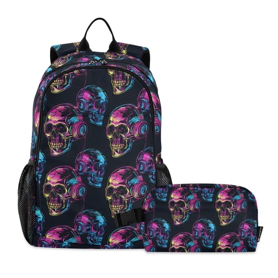 ALAZA Neon Skull Listening School Backpack Lunch Box Set Student Bookbag