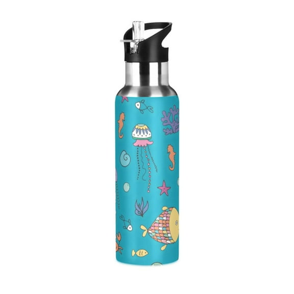 ALAZA Ocean Fish Jellyfish Seashell Water Bottle Insulated Flask Stainless Steel Straw Lid 20 oz