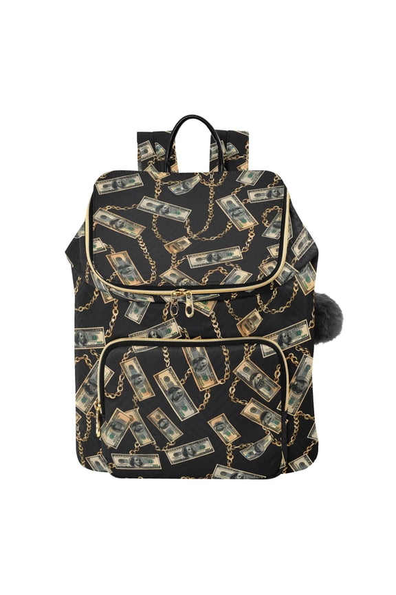 One Hundred Dollar Bills with Chain Travel Backpack Laptop Bag Large Capacity Daypack