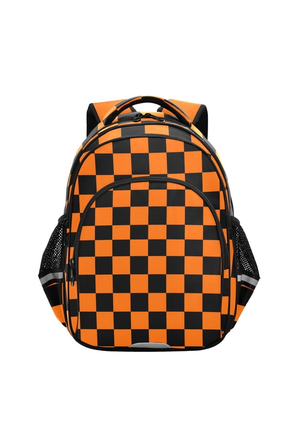 Orange Checkered Grid Pattern School Backpack Elementary Bag Bookbag Travel Rucksack