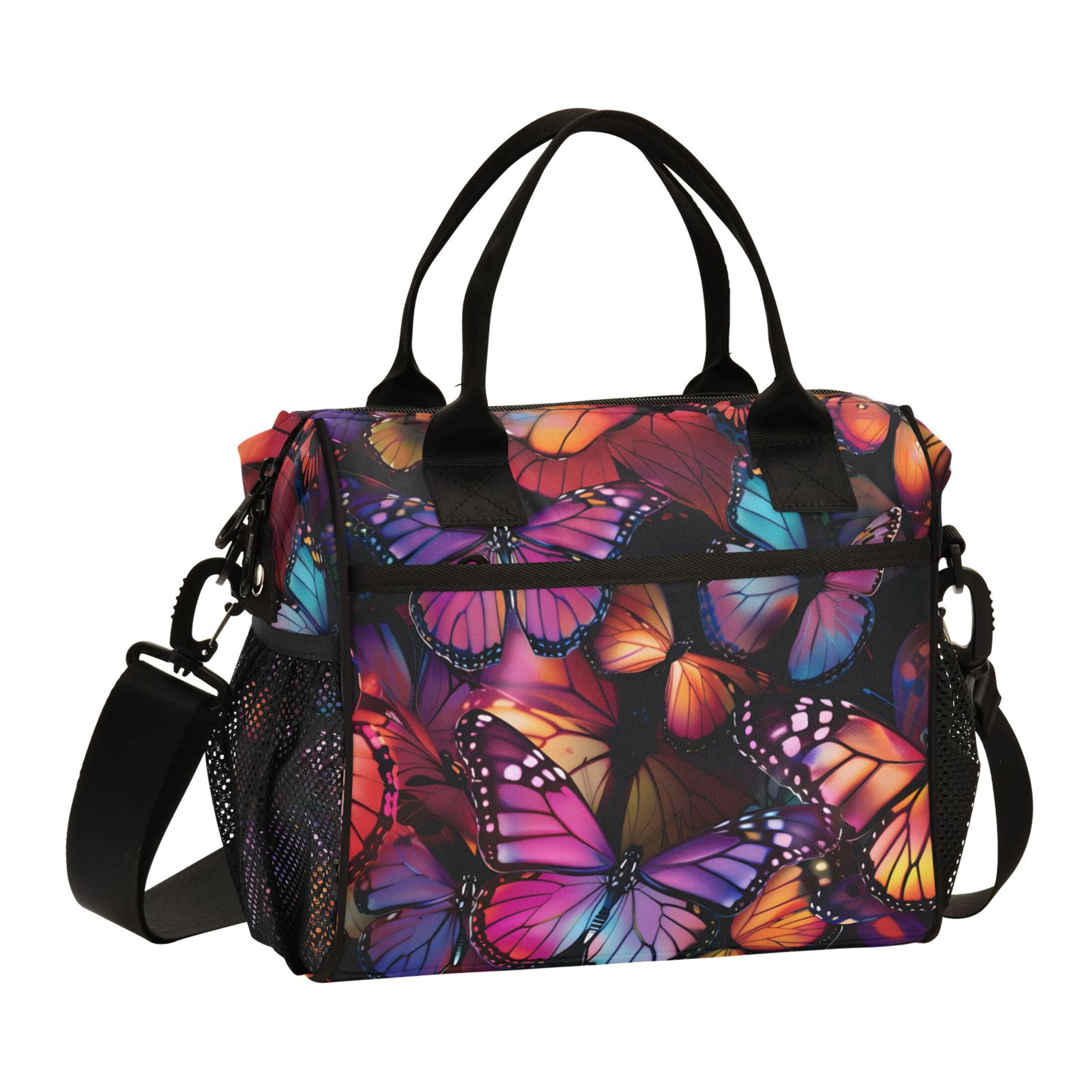 ALAZA Orange Purple Butterfly Insulated Lunch Bag Reusable Tote Box Adjustable Shoulder Strap for Work Picnic