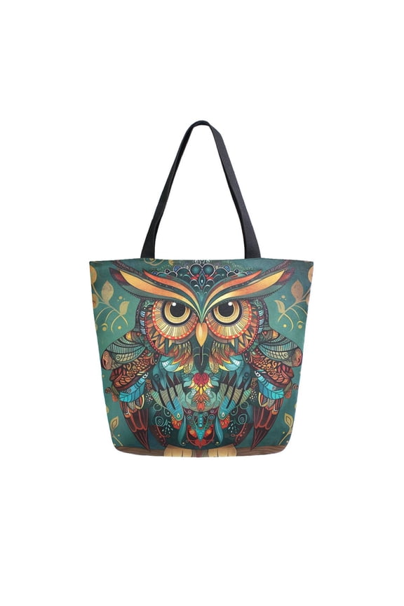 Owl Print Ethnic Large Shoulder Tote Bag Canvas Handbag for Outdoor Beach