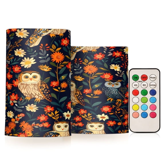 ALAZA Owl in Flowers 2 PCs LED Flickering Flameless Candles with Remote Timer Battery Operated Candle
