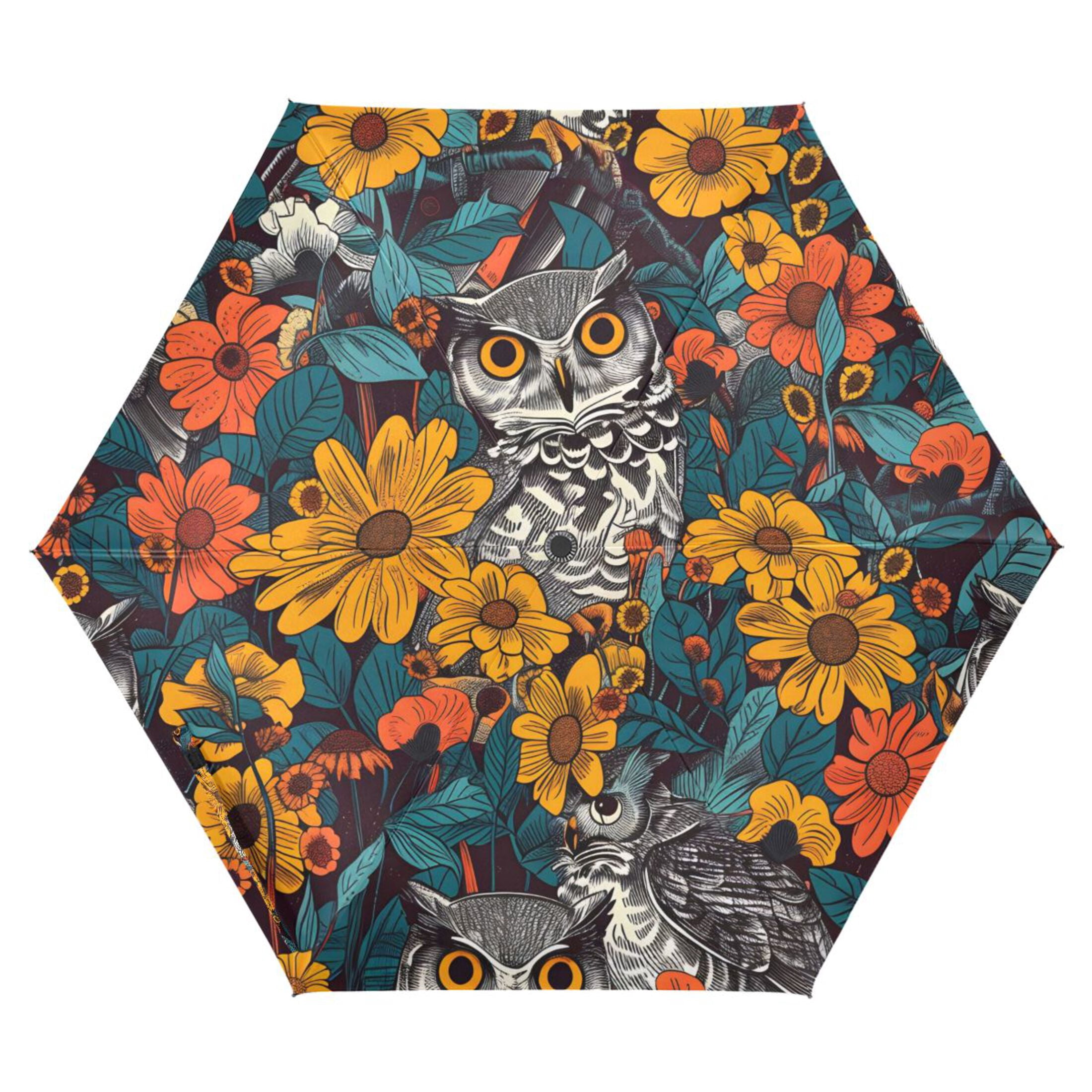 ALAZA Owl in Sunflowers UPF 50+ Compact Folding Umbrella for Rain Travel Umbrella Packable