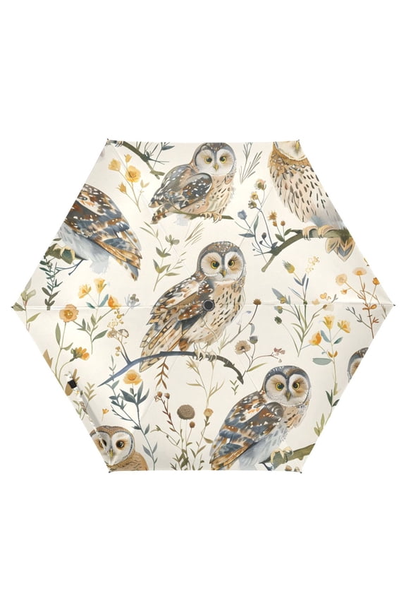 Owl on Tree Branch UPF 50+ Compact Folding Umbrella for Rain Travel Umbrella Packable