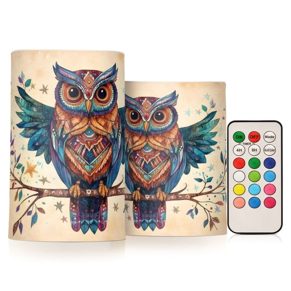 ALAZA Owl on Tree Pattern 2 PCs LED Flickering Flameless Candles with Remote Timer Battery Operated Candle