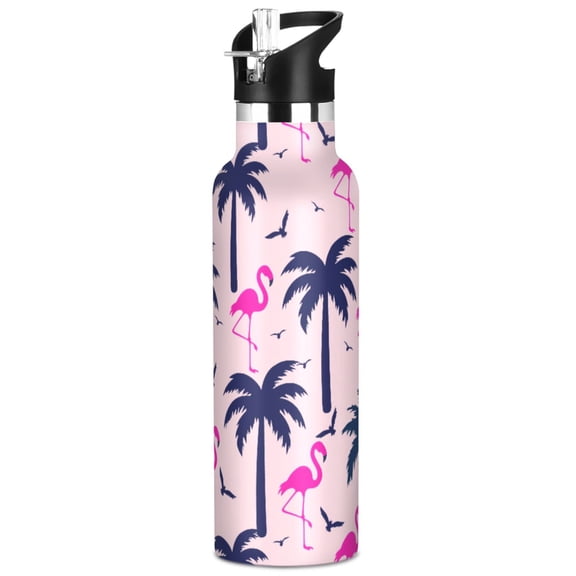 ALAZA Palm Tree Flamingo Pattern Stainless Steel Water Bottle Vacuum Insulated Leak-Proof Tumbler with Straw Handle 20oz