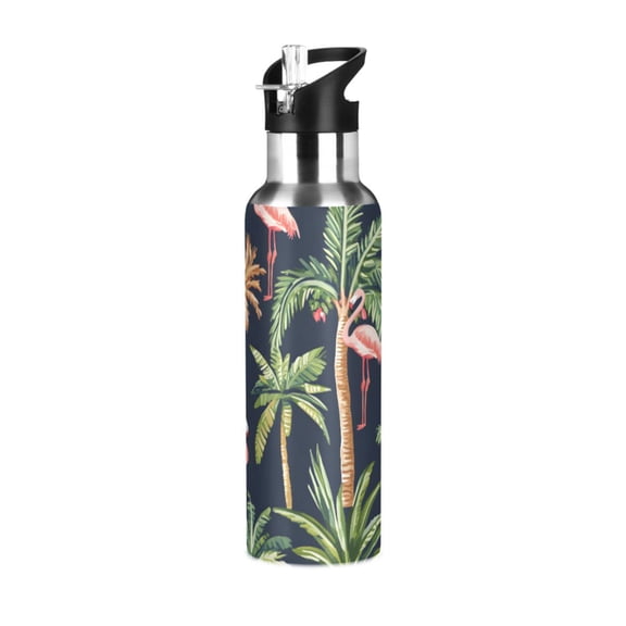 ALAZA Palm Tree Flamingo Water Bottle Insulated Flask Stainless Steel Straw Lid 20 oz