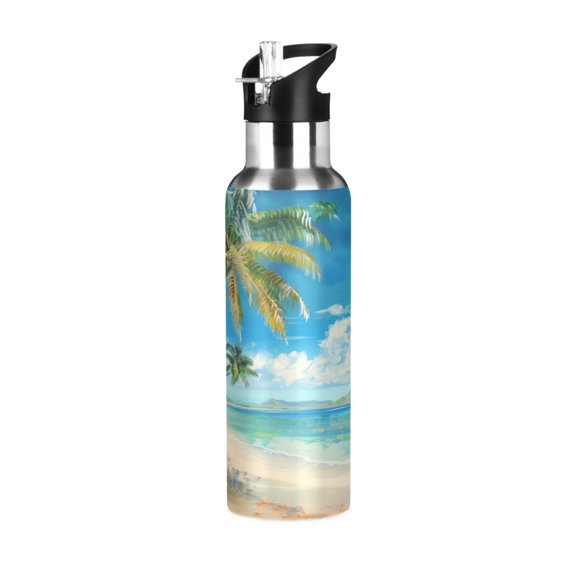 ALAZA Palm Tree Retro Summer Beach Water Bottle Insulated Flask Stainless Steel Straw Lid 20 oz