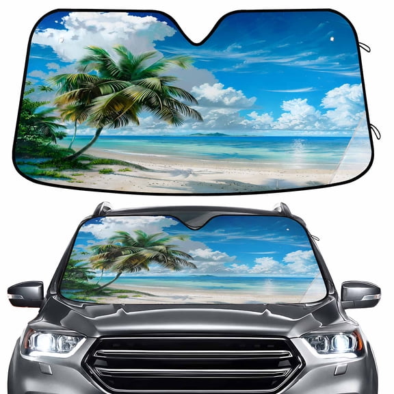 ALAZA Palm Tree on Beach View Windshield Sun Shade Car Foldable Sun Visor Block UV Rays Protector 55"x27.6"