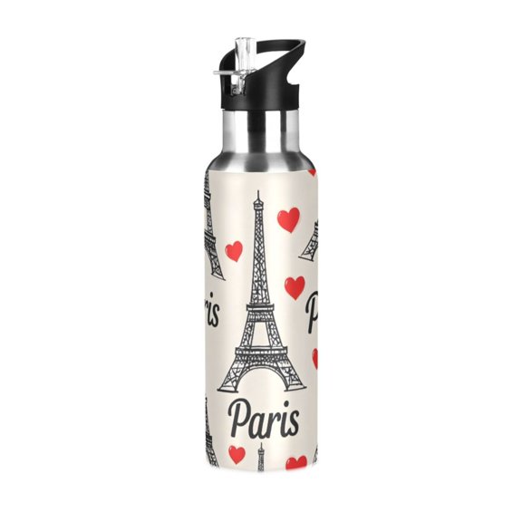 ALAZA Paris Tower Hearts Water Bottle Insulated Flask Stainless Steel Straw Lid 20 oz