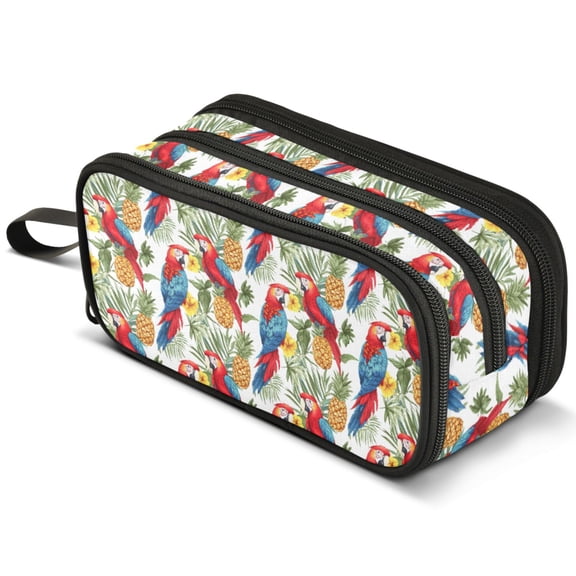 ALAZA Parrots Pineapples Pencil Case Bag Large 3 Compartment Pen Pouch Holder Box Storage Organizer