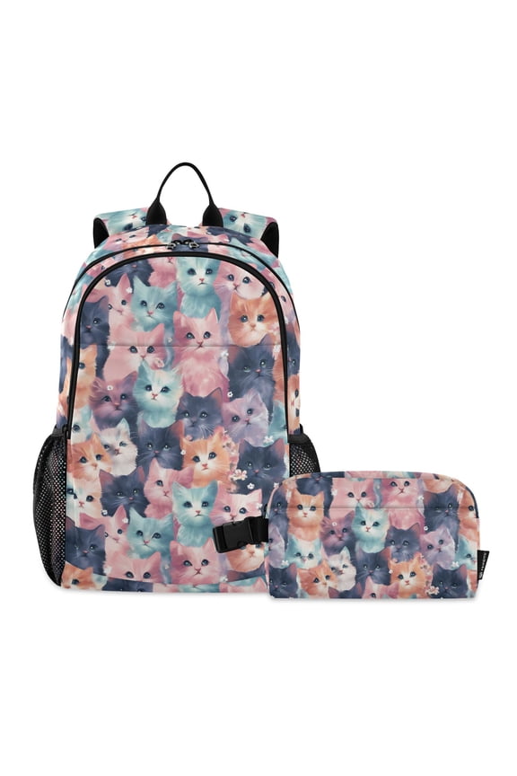 Pastle Cute Cat School Backpack Lunch Box Set Student Bookbag