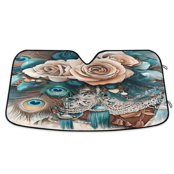 ALAZA Peacock Feather Rose Flower Pattern Windshield Sun Shade Car Foldable Visor Block UV Rays Protector 55"x27.6"