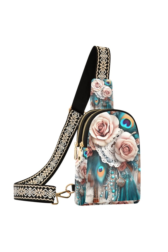 Peacock Feather Rose Flower-a1 Sling Bag for Women Men Waterproof Crossbody Chest Bags