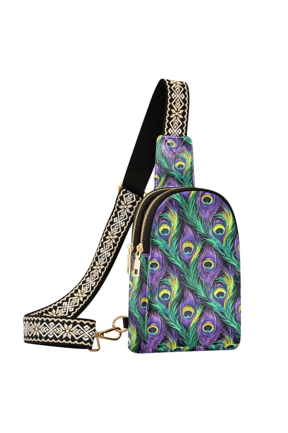 Peacock Feathers Purple Sling Bag for Women Men Waterproof Crossbody Chest Bags