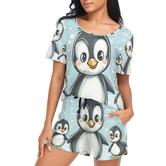 ALAZA Penguins and Snow Women's Pajama Set Short Sleepwear Loungewear with Pockets M