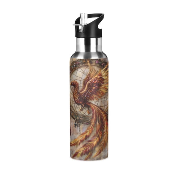 ALAZA Phoenix with Feather Water Bottle Insulated Flask Stainless Steel Straw Lid 20 oz