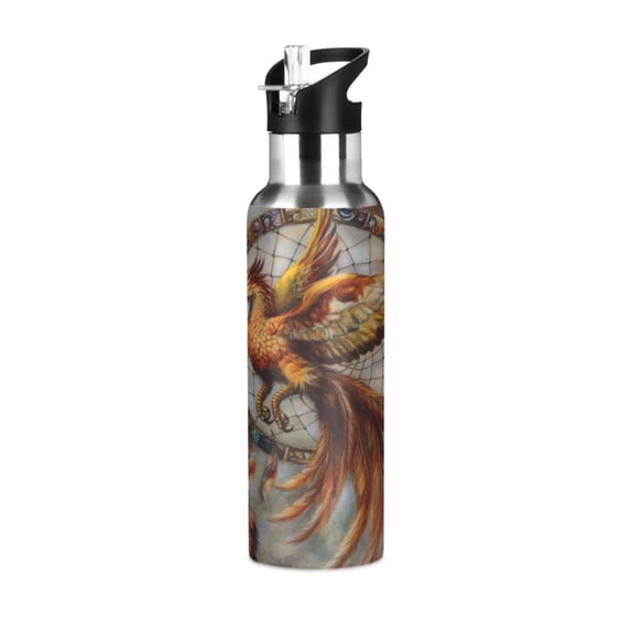 ALAZA Phoenix with Retro Feather Water Bottle Insulated Flask Stainless Steel Straw Lid 20 oz