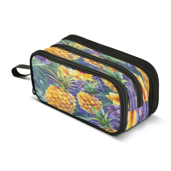 ALAZA Pineapple Tropical Flowers Pencil Case Bag 3 Compartment Pen Pouch Large Storage Holder Box Organizer