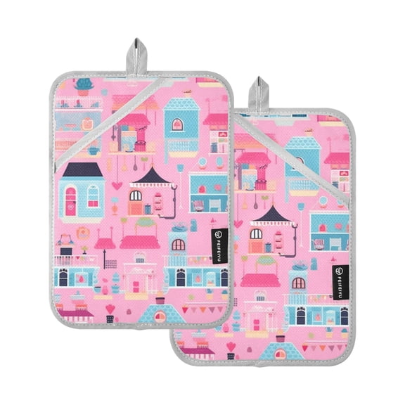 ALAZA Pink Cute House Pattern Pot Holders Set of 2 Heat Resistant Kitchen Oven Mitts
