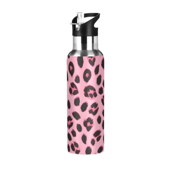 ALAZA Pink Leopard Water Bottle Insulated Flask Stainless Steel Straw Lid 20 oz