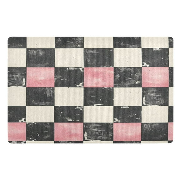ALAZA Pink and Black Checkered Pattern Door Mats Outdoor Indoor Entrance Low Profile Floor Rugs 32"x20" Carpet