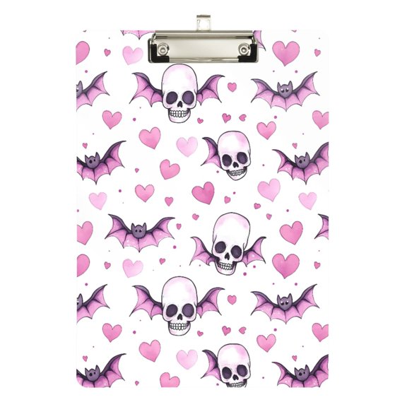 ALAZA Plastic Clipboard A4 Letter Size Decorative Clipboards for Students Women Men 9" x 12.5" Skull Bats Hearts