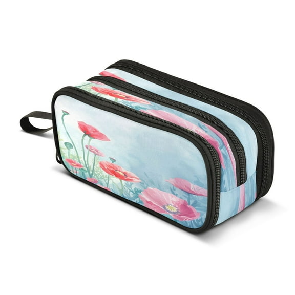 ALAZA Poppy Flowers Oil Paint Pencil Case Bag 3 Compartment Pen Pouch Large Storage Holder Box Organizer