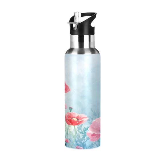 ALAZA Poppy Flowers Oil Paint Water Bottle Insulated Flask Stainless Steel Straw Lid 20 oz