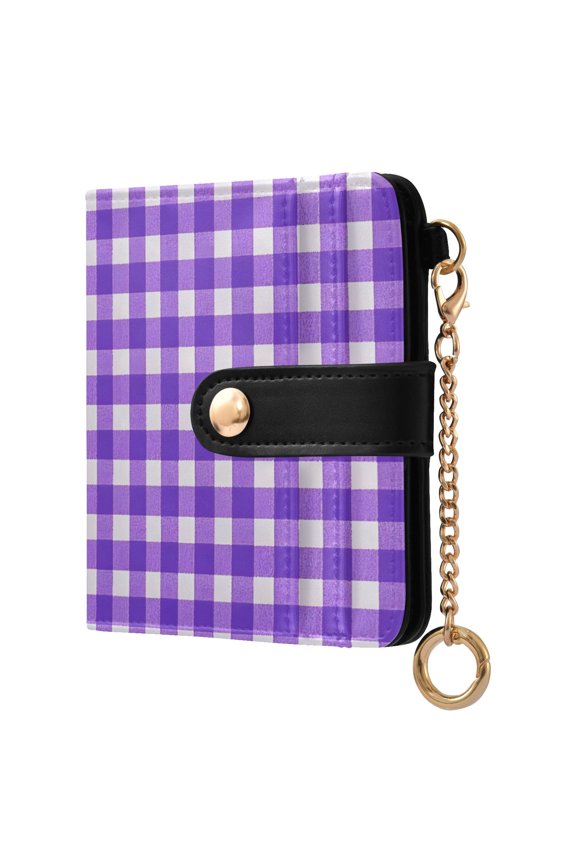 Purple Checkered Grid Pattern RFID Blocking Bifold Wallet Women Compact Card Holder with ID Window Zipper Coin Pocket