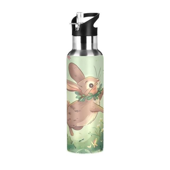 ALAZA Rabbit and Butterflies Water Bottle Insulated Flask Stainless Steel Straw Lid 20 oz