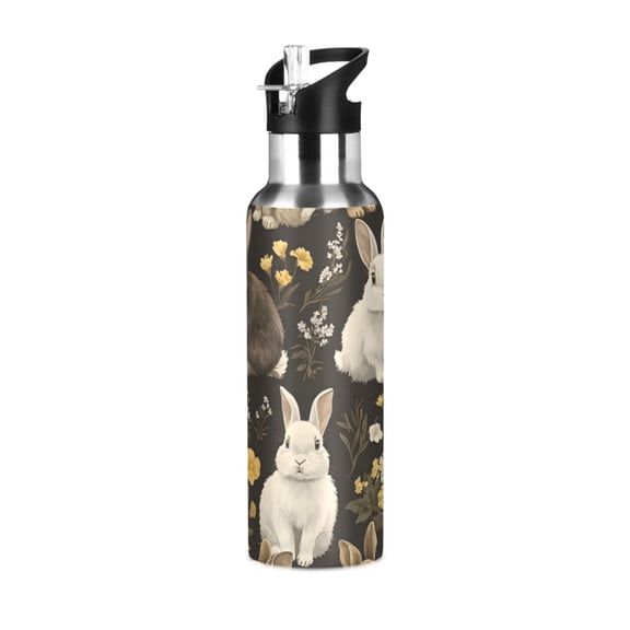 ALAZA Rabbit and Flower Water Bottle Insulated Flask Stainless Steel Straw Lid 20 oz