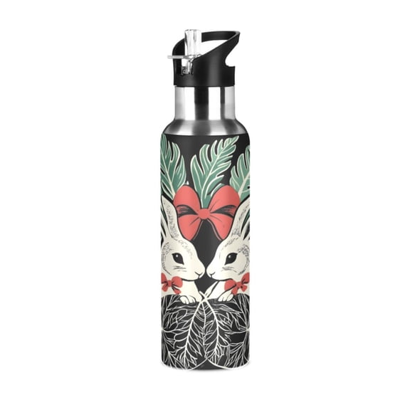 ALAZA Rabbits Palm Leaf Water Bottle Insulated Flask Stainless Steel Straw Lid 20 oz