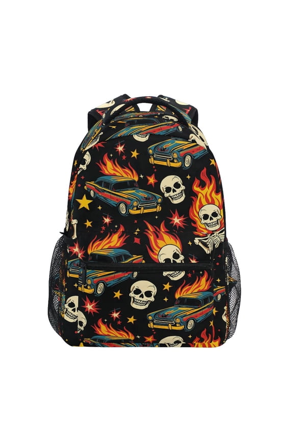 Racing Car Skull Fire Pattern School Backpack Elementary Bookbag Laptop Bags Travel Daypack