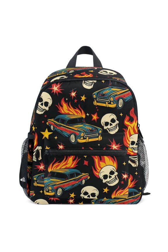 Racing Car Skull Fire Pattern School Backpack Student Bookbag Mini Bag