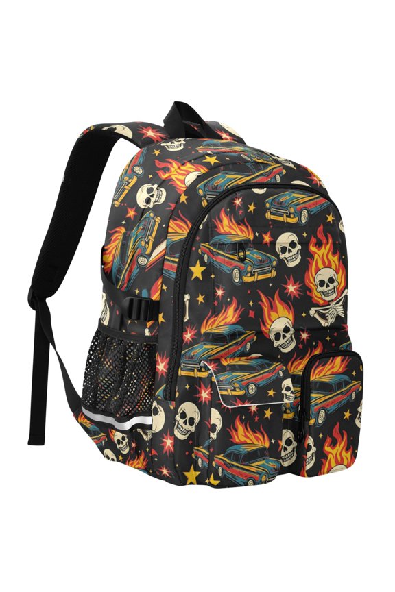 Racing Car Skull Fire Print Student Backpack School Bookbag Large Laptop Daypack Travel Bag