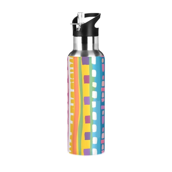 ALAZA Rainbow Geometric Lines Hand Drawn Flat Cartoon Style Water Bottle Insulated Flask Stainless Steel Straw Lid 20 oz