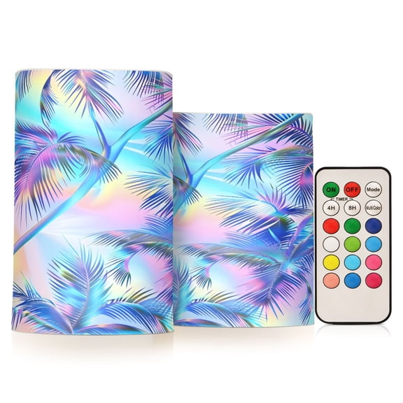 ALAZA Rainbow Pattern Plam Trees 2 PCs LED Flickering Flameless Candles with Remote Timer Battery Operated Candle