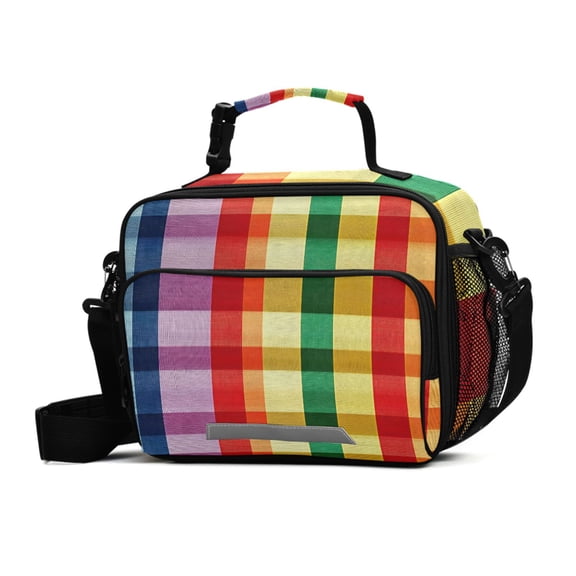 ALAZA Rainbow Stripe Checkered Lunch Box Insulated Cooler Bag Reusable Tote Bags Shoulder Strap