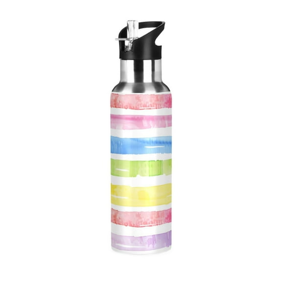 ALAZA Rainbow Stripes Water Bottle Insulated Flask Stainless Steel Straw Lid 20 oz