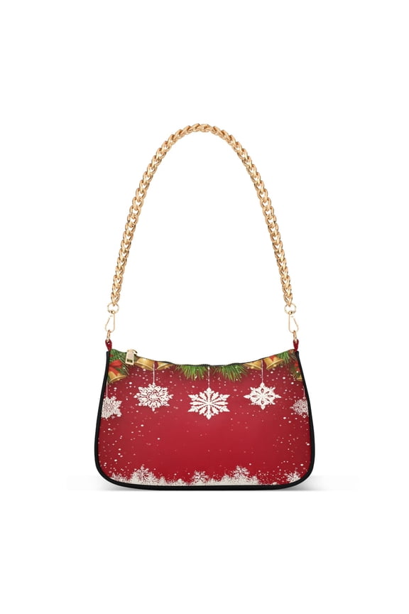 Red Background Snowflake Bell Women's Chain Shoulder Bag Hobo Handbag Tote Crossbody Purse