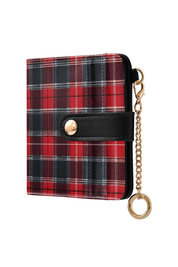 Red Checkered Grid Pattern RFID Blocking Bifold Wallet Women Compact Card Holder with ID Window Zipper Coin Pocket