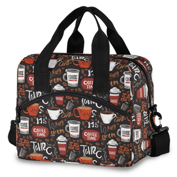 ALAZA Red Coffee Time Insulated Lunch Box Large Reusable Cooler Bag with Shoulder Strap