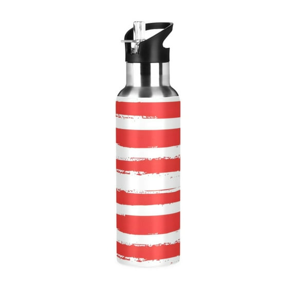 ALAZA Red and White Stripes Water Bottle Insulated Flask Stainless Steel Straw Lid 20 oz