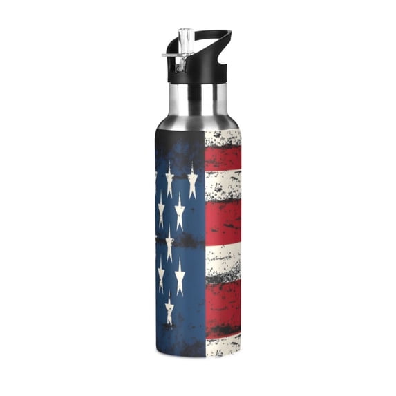 ALAZA Retro American Flag Water Bottle Insulated Flask Stainless Steel Straw Lid 20 oz