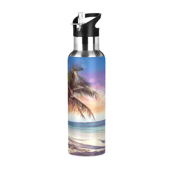 ALAZA Retro Beach Palm Tree Water Bottle Insulated Flask Stainless Steel Straw Lid 20 oz