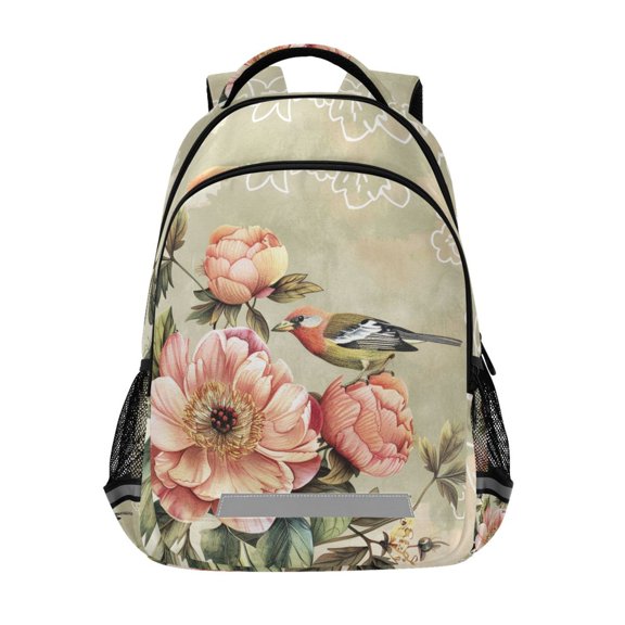 ALAZA Retro Bird Peony Flower Backpack Elementary School Bag Bookbag Travel Rucksack
